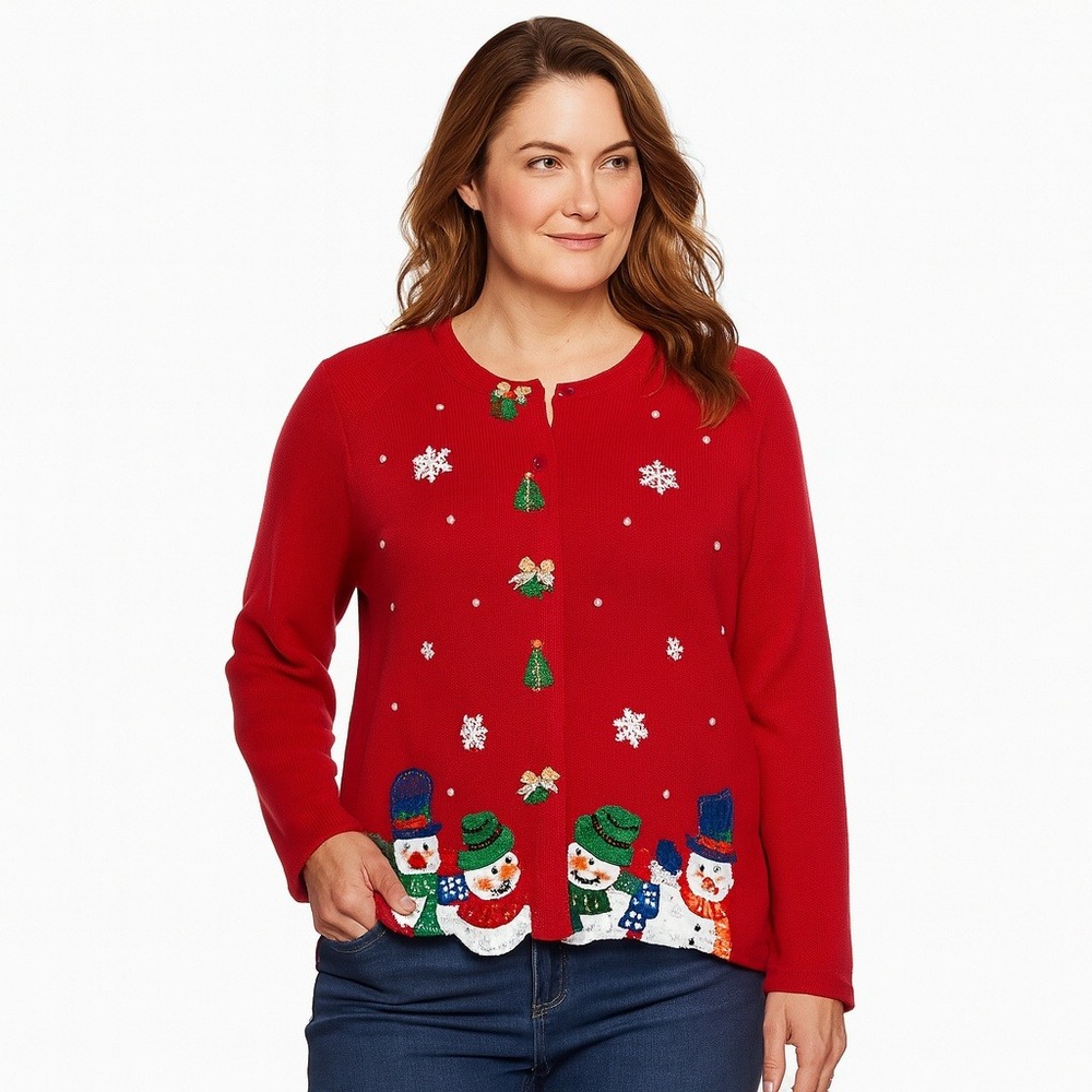Tiara International Christmas Sweater Y2K Womens Embroidered Beaded Snowmen XL‎
